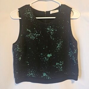 ALC Black Green Splatter Print Silk Sleeveless Crop Top Size 4